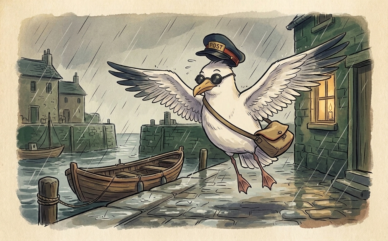 A cartoon-style herring gull in a postal cap and satchel is caught briefly airborne above a rainy harbour front, wings spread and cap tilted, as sideways rain streaks past him.