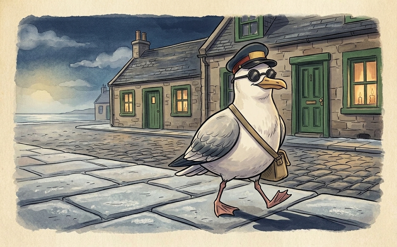 A cartoon-style gull in a navy postal cap with a red band and gold POST panel, wearing a canvas satchel, walking gingerly across a frosty pavement with his wings slightly out for balance.