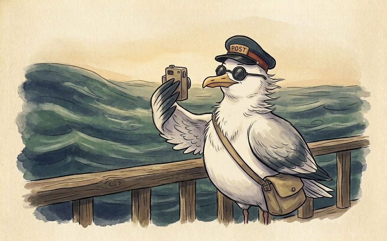 A cheerful, plump herring gull in a navy postal cap with a red band, wearing a canvas satchel, holds a phone close to his beak for a selfie on a windswept pier, his feathers ruffled by the wind, with the sea visible behind him.