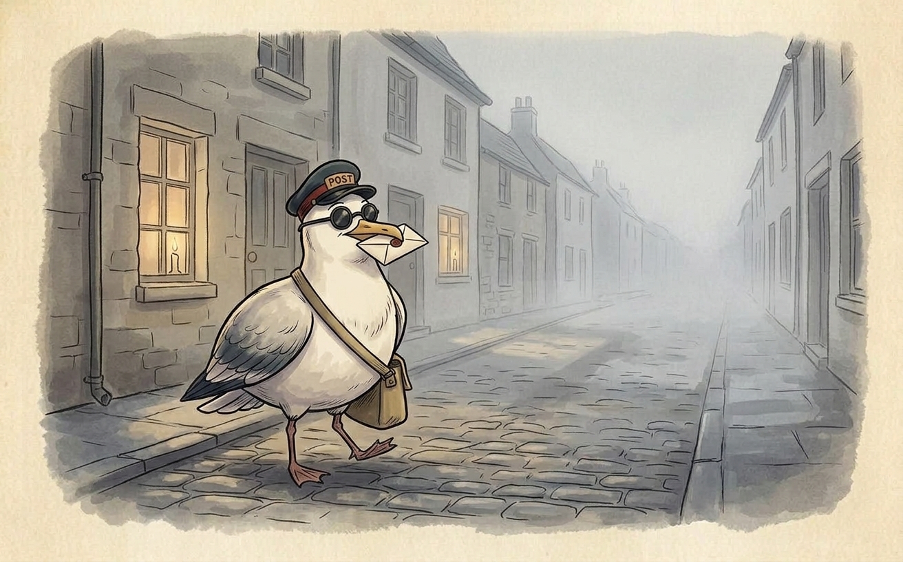 A plump herring gull wearing a navy postal cap and canvas satchel, walking along a foggy street of identical stone houses, the fog obscuring most of the view.