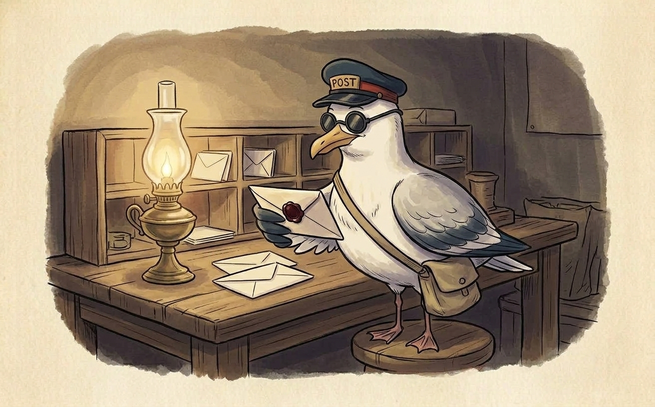 A cartoon herring gull in a postal cap and satchel holds a letter with a red wax seal on a wooden table in early morning light.