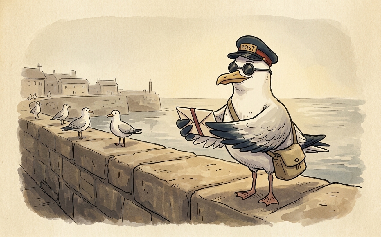 A plump herring gull in a navy postal cap stands on a harbour wall, holding a ribbon-tied wedding card envelope between his wings, with other gulls loitering near a chip shop behind him.