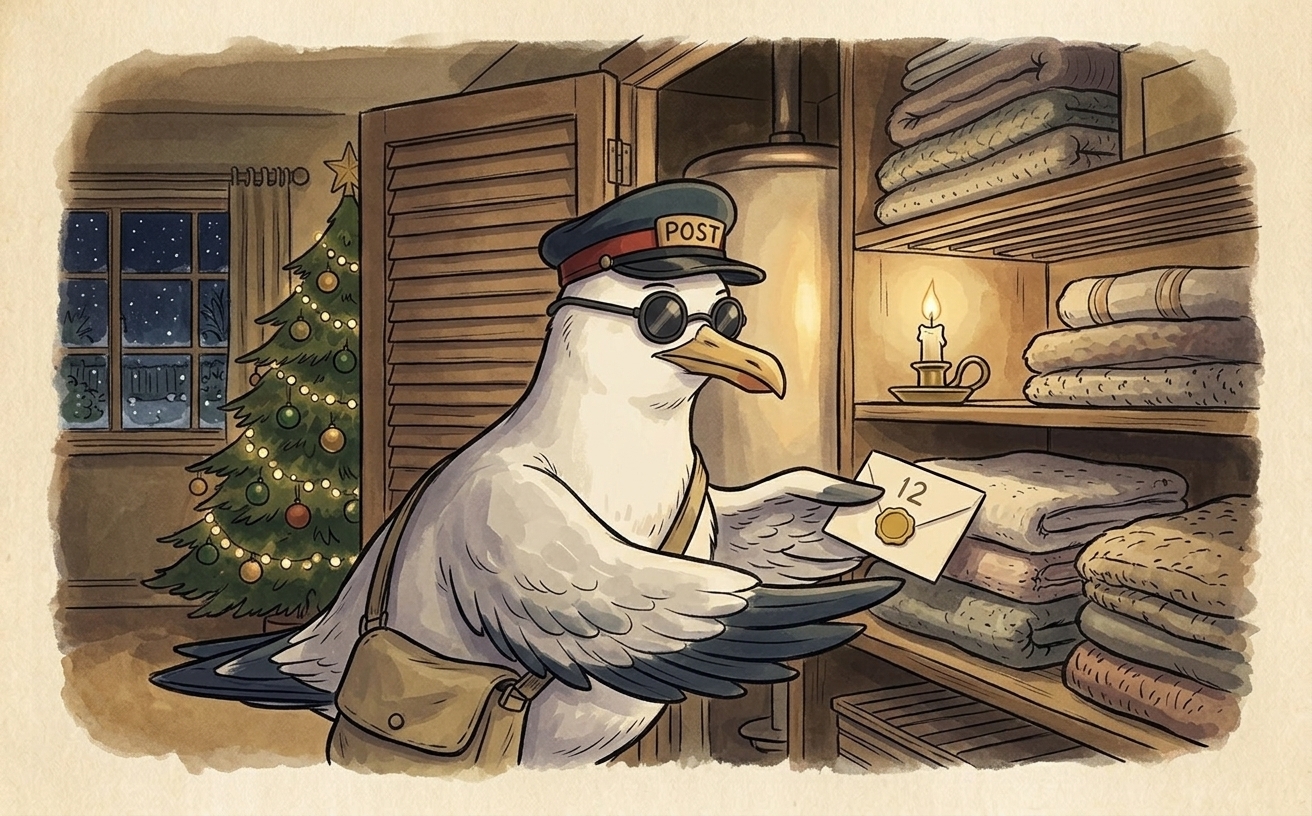 Postie the seagull postman tucking a sealed treasure hunt clue card into an airing cupboard with a Christmas tree glowing in the next room