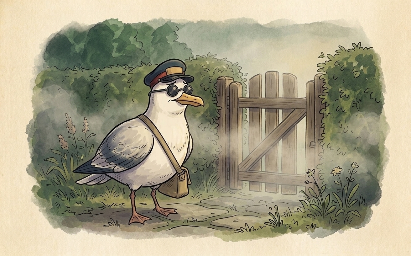 A plump herring gull wearing a navy postal cap with a red band and a canvas satchel stands before a garden gate that is barely visible in dense fog, peering at it with evident suspicion.