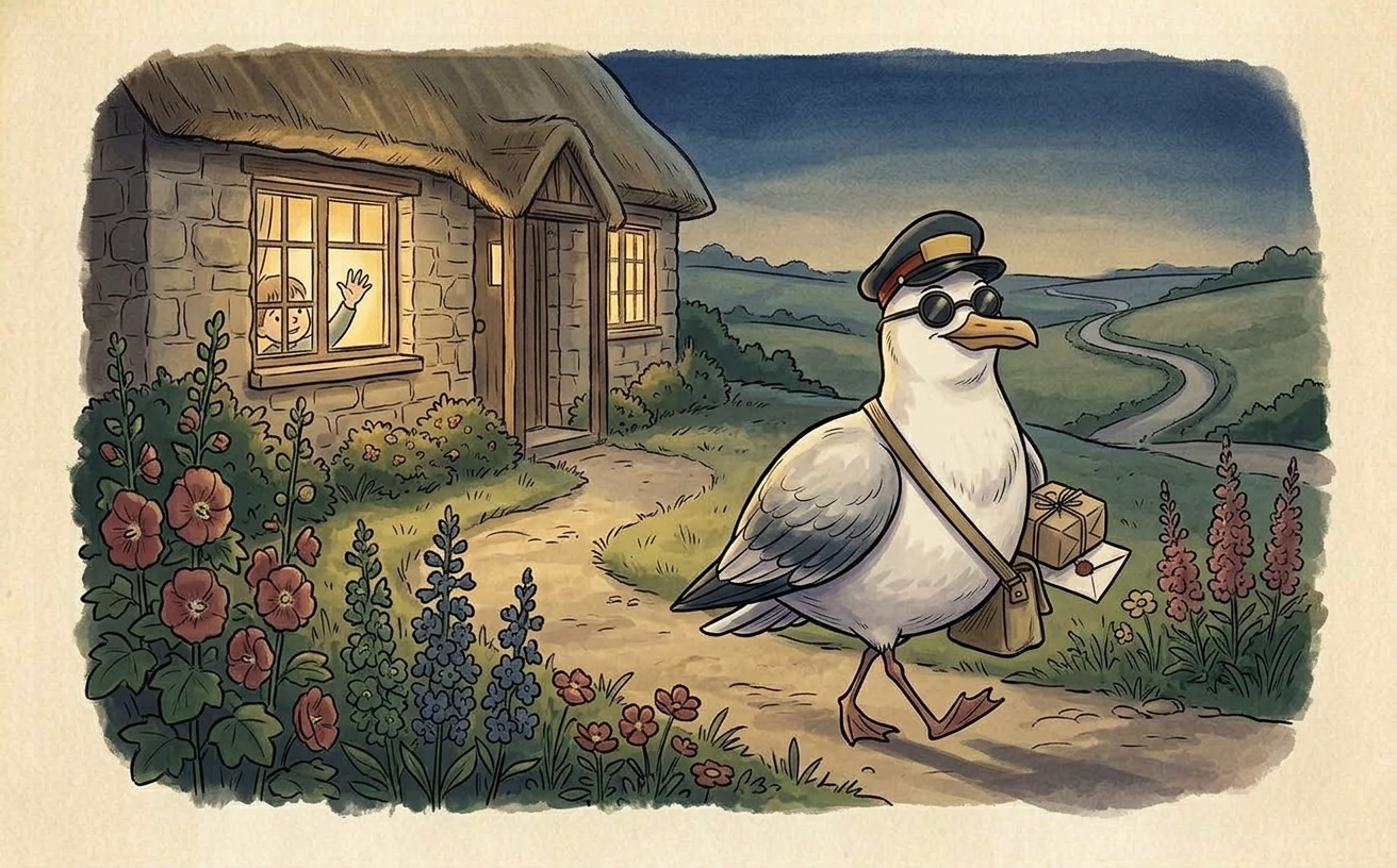 Postie the postman seagull carrying a parcel and letter up a garden path, with a long winding road behind him and a child waving from a window.