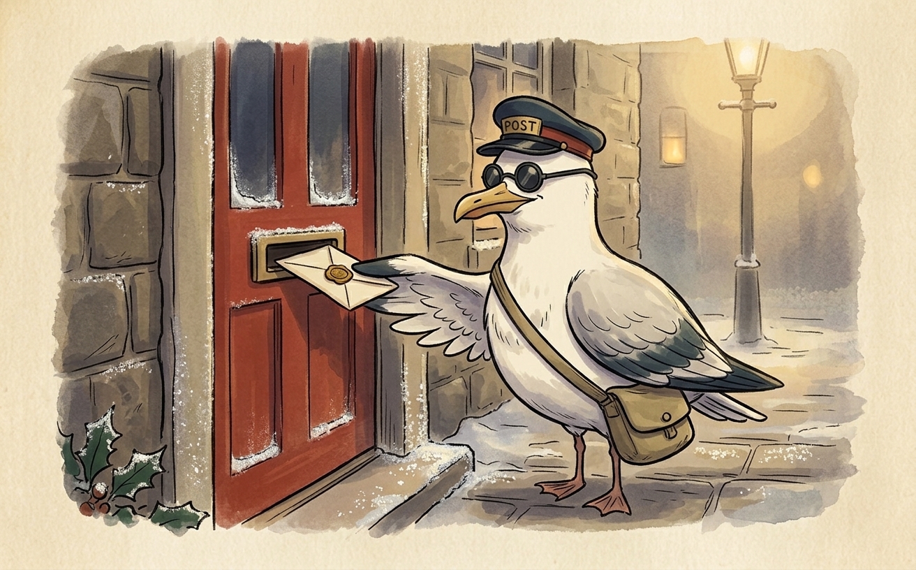 Postie the seagull in a postal cap posting a gold wax-sealed letter through a house letterbox on a frosty morning
