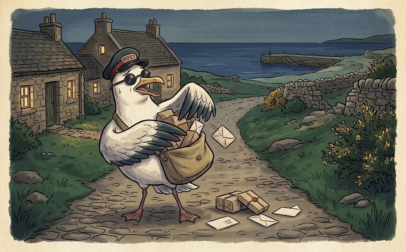 A cartoon herring gull postman in a navy cap with a red band and gold POST panel, listing sideways under a bulging canvas satchel on a village road, adjusting the strap with one wing.