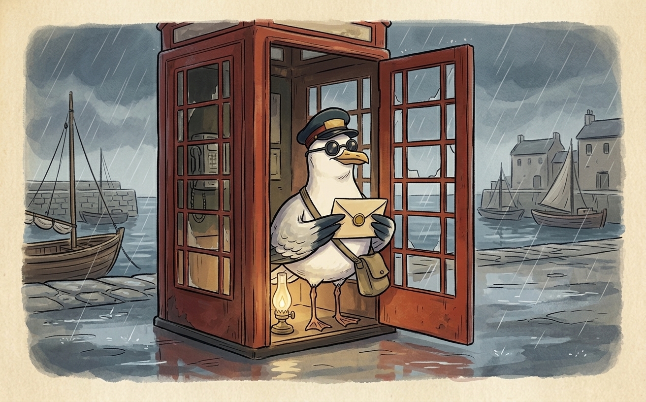 A plump gull wearing a navy postal cap with a red band and gold POST panel, satchel over his shoulder, sheltering inside an old red phone box on a rainy Scottish harbour front, rain visible falling at an angle outside the glass.