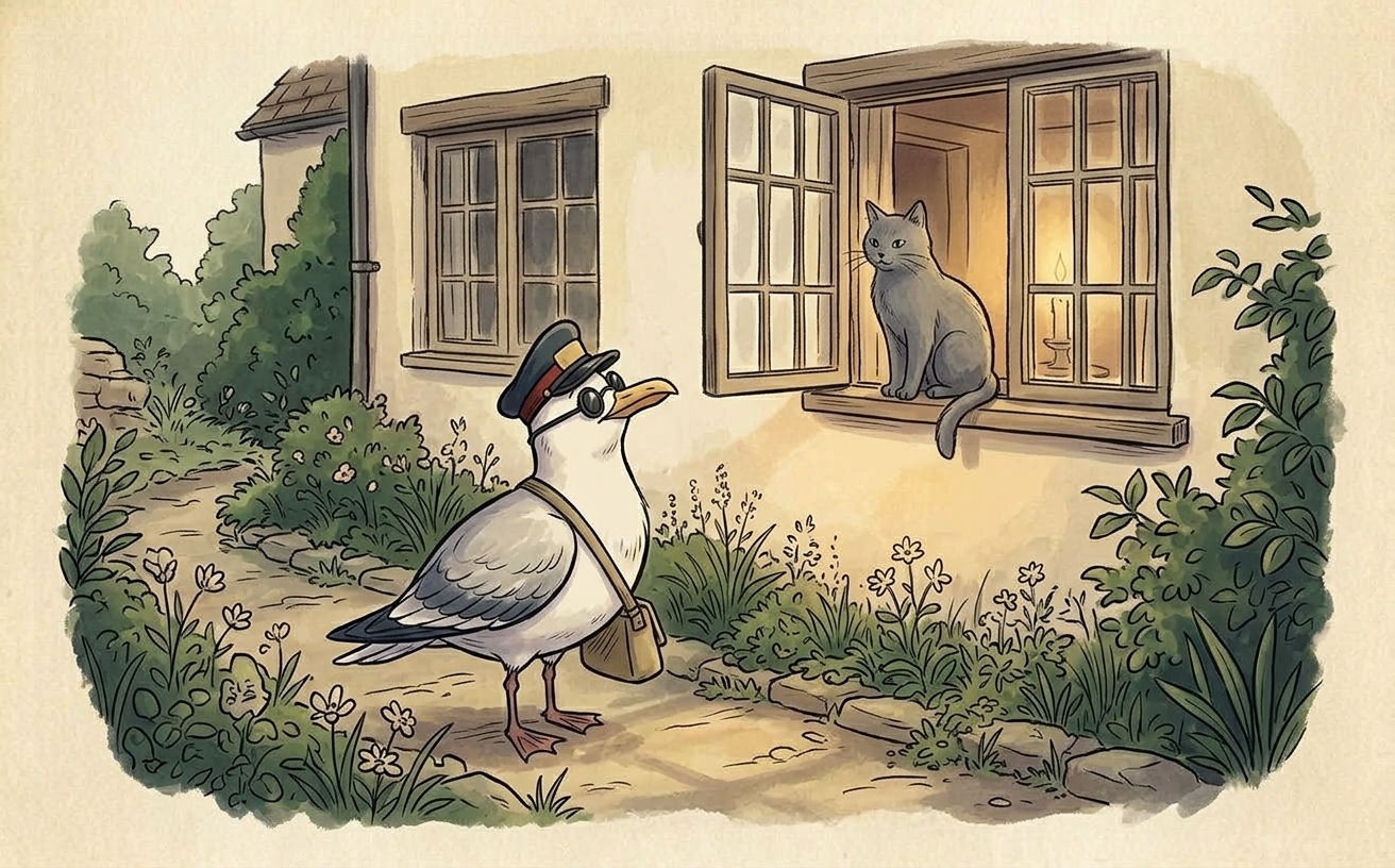 A gull in a postal cap and canvas satchel stands on a path, looking up at a grey cat seated silently in a windowsill.