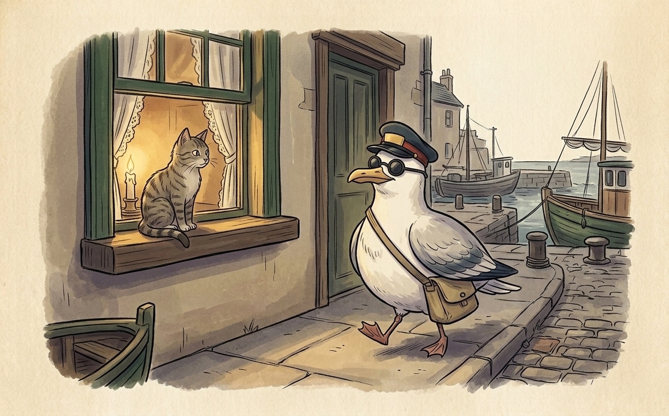 A cartoon-style herring gull wearing a navy postal cap with a red band walks along a harbour street, glancing sideways at a cat sitting motionless on a windowsill, watching him.