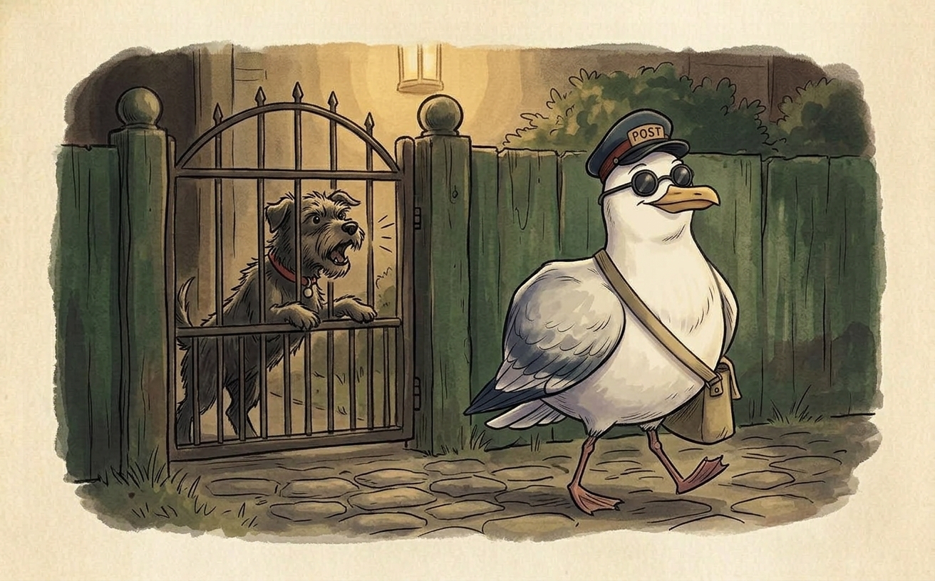 A cartoon herring gull postman in a navy cap and canvas satchel strides past a garden gate where a dog is barking, holding his head high and looking entirely unbothered.