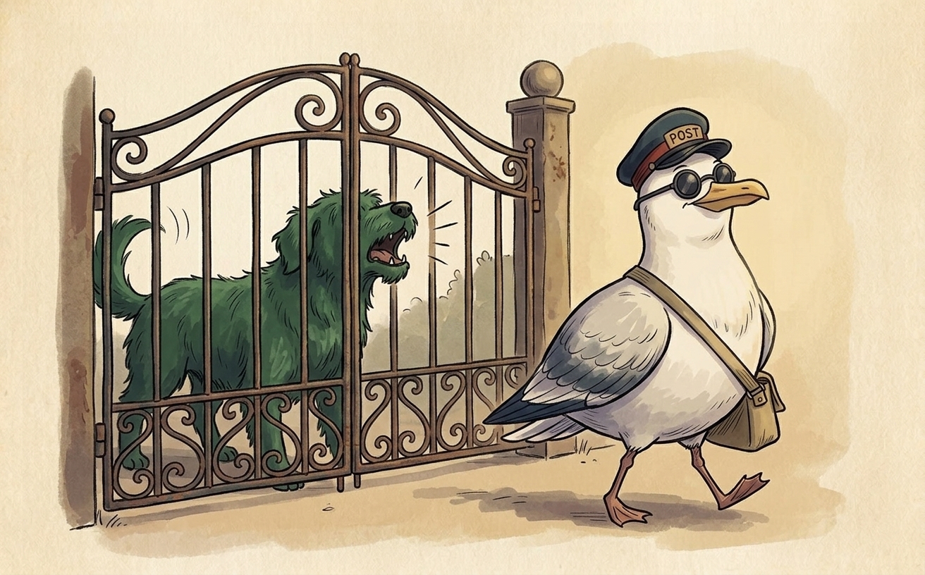 A gull in a postal cap with a red band walks with exaggerated dignity past a garden gate where a large dog barks, his canvas satchel swinging at his side.