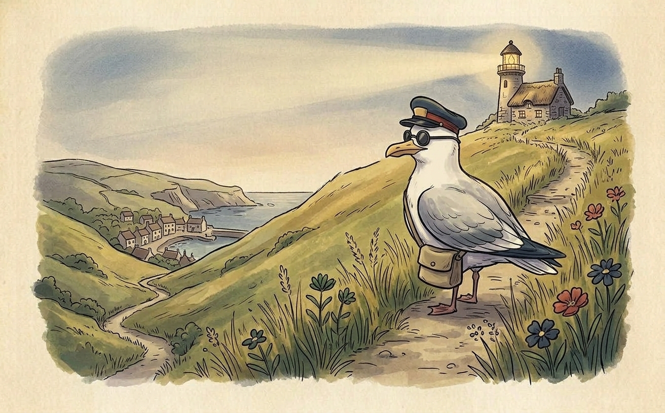 A plump gull in a navy postal cap with a red band and gold POST panel, wearing a canvas satchel, standing on a steep grassy hill path and looking back the way he came.