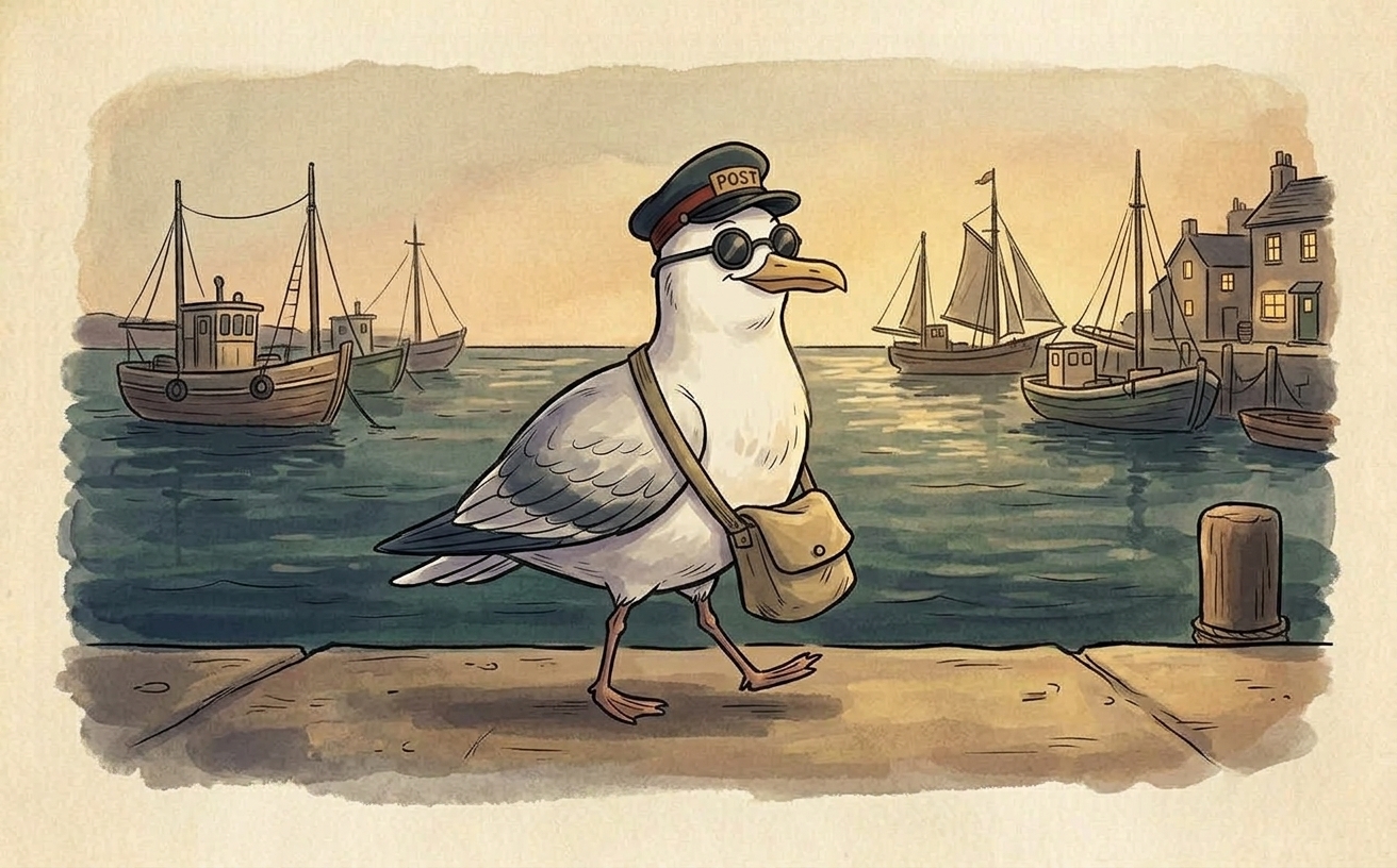 A cheerful gull in a postal cap and canvas satchel strolling along a stone harbour wall at sunset, boats and sea in the background.