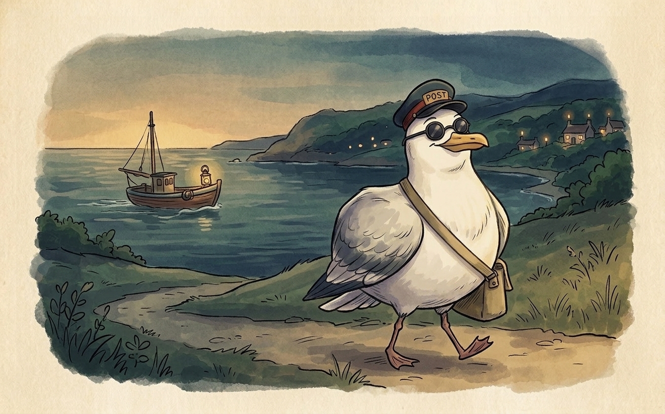 A plump herring gull wearing a navy postal cap with a red band and gold POST panel, carrying an empty canvas satchel, walking along a seafront path at sunset with the sea and a distant boat behind him.