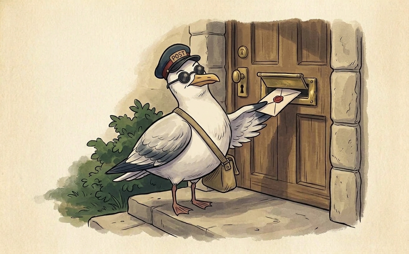 A cartoon herring gull in a postal cap posts a letter at an angle into a brass letterbox on a stone doorstep, watching the spring flap with suspicion.