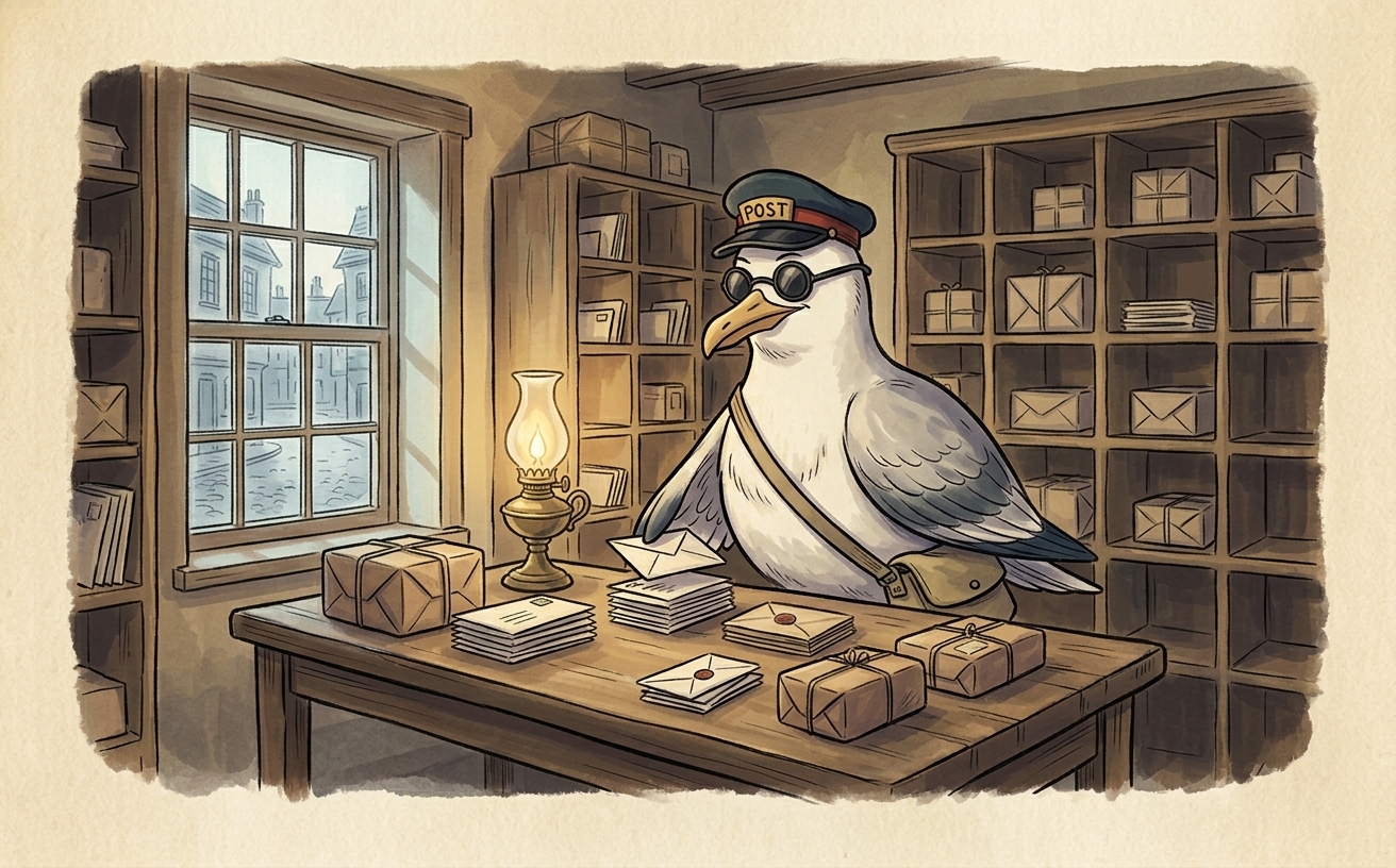 A herring gull in a postal cap and satchel sorting letters and parcels into tidy stacks on a wooden table inside an empty post room, early morning light coming through a window.