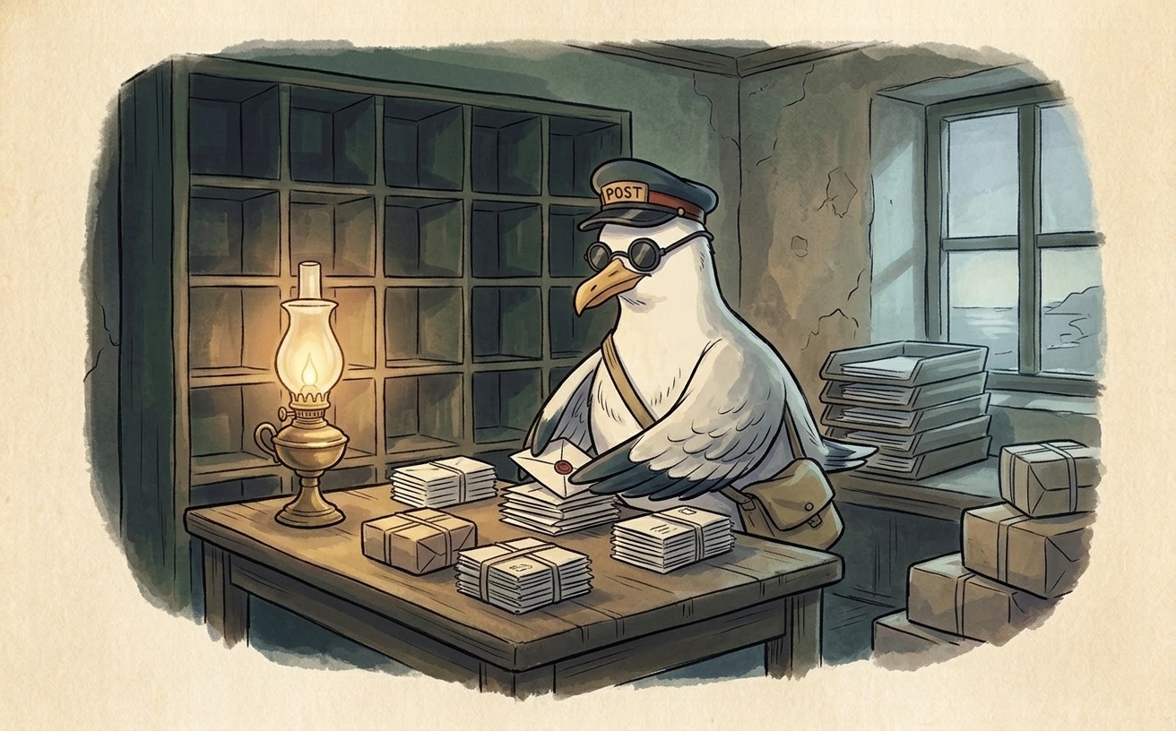 A plump herring gull wearing a navy postal cap with a red band and gold POST panel, standing at a wooden sorting table covered in letters and parcels, sorting them alone in the dim early morning light of an empty post room.