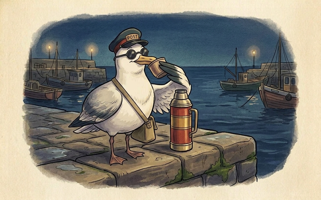 A cartoon herring gull in a postal cap and satchel leaning over a thermos flask on a stone harbour wall, sneaking a drink.