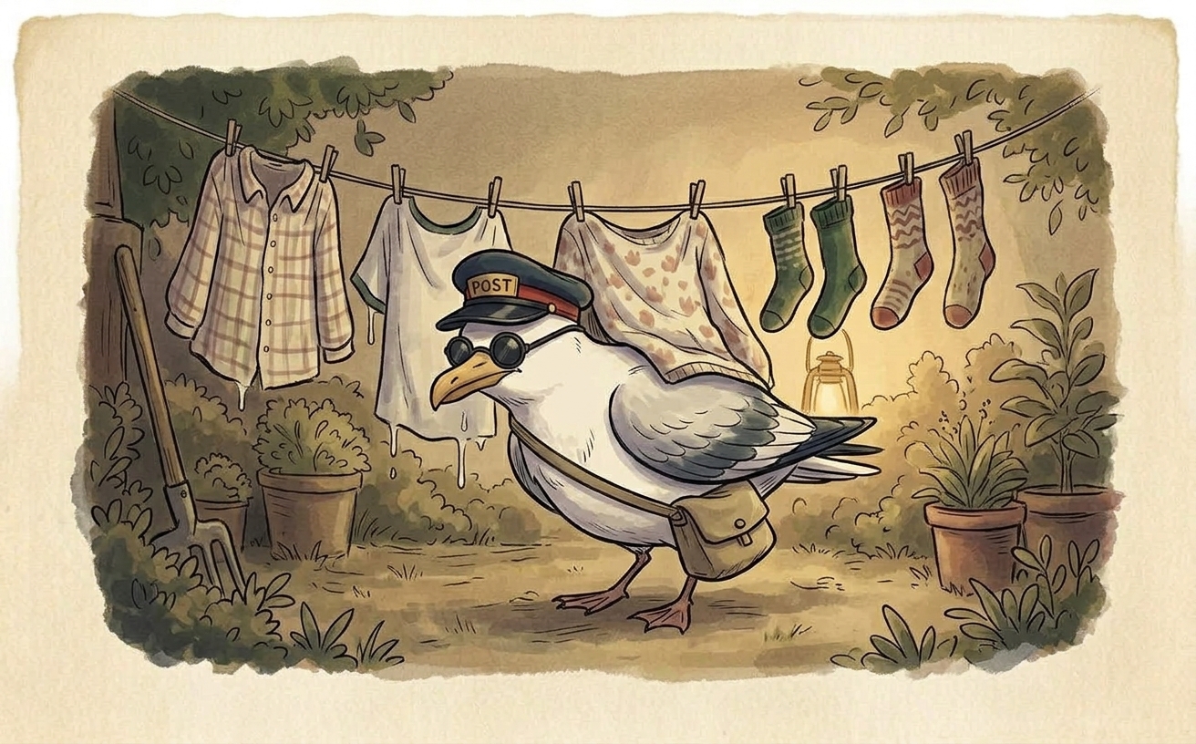 A plump gull wearing a navy postal cap and carrying a satchel ducks beneath a washing line hung with shirts, a tablecloth and socks in a garden.