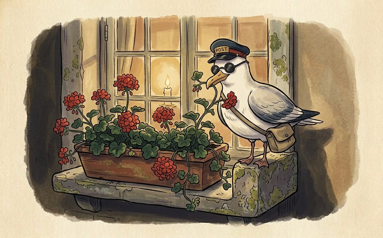 A plump herring gull in a navy postal cap and small dark goggles perches on the edge of a window box overflowing with geraniums, adjusting a trailing plant with his beak, satchel at his side.