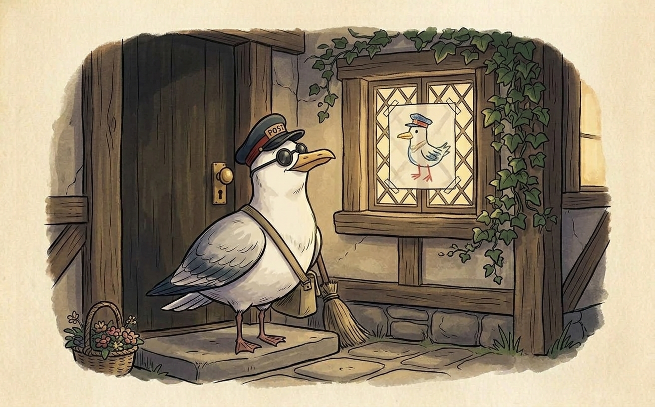 A plump herring gull in a navy postal cap and goggles stands on a stone doorstep, gazing up at a crayon drawing taped inside a cottage window showing a bird wearing a similar hat.