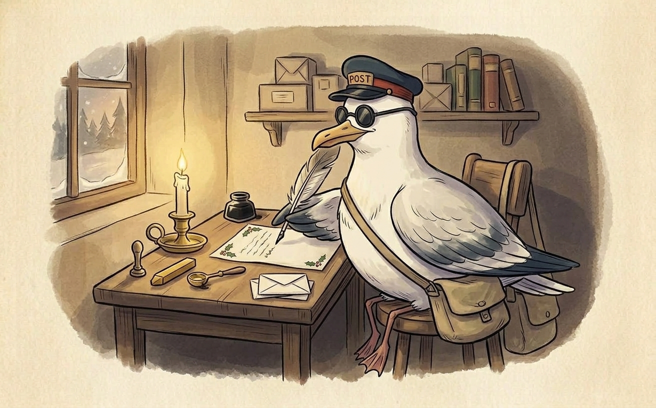 Postie the seagull postman sitting at a desk writing a letter from Father Christmas, with a stick of gold sealing wax beside him.