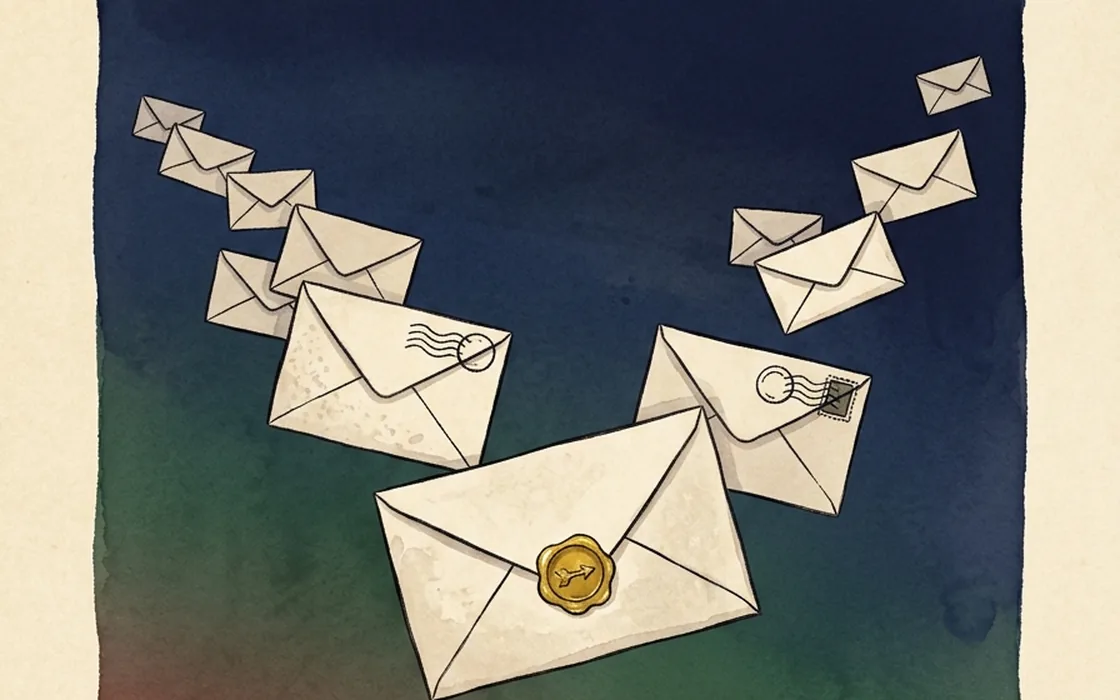 A flock of sealed envelopes flying across a dusk sky above a lit village and a lighthouse, one gold seal catching the last light.