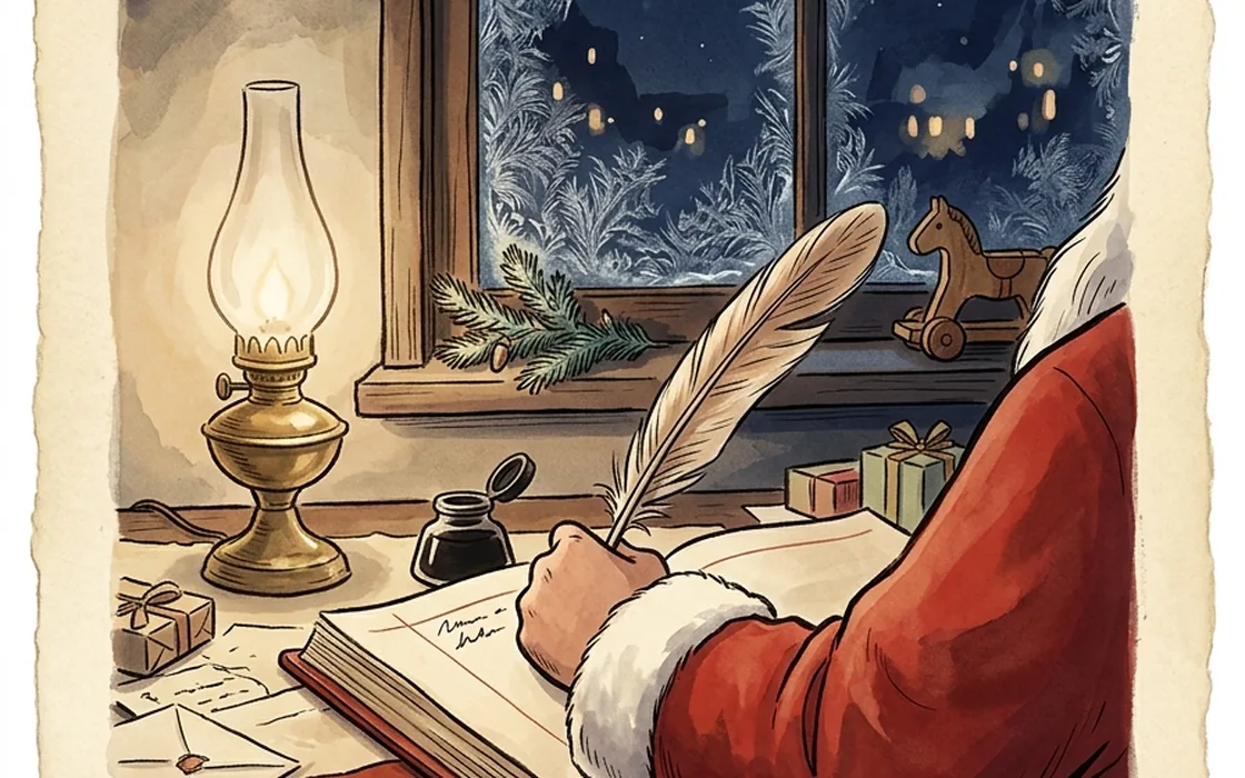Father Christmas's red-sleeved arm writing in a ledger by a brass lamp, a frosted window and wrapped presents behind.