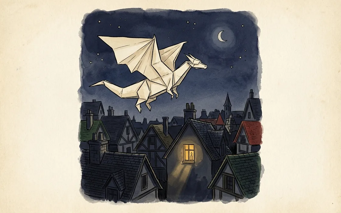 A dragon folded from writing paper flying over dark rooftops under a crescent moon, one window lit below.