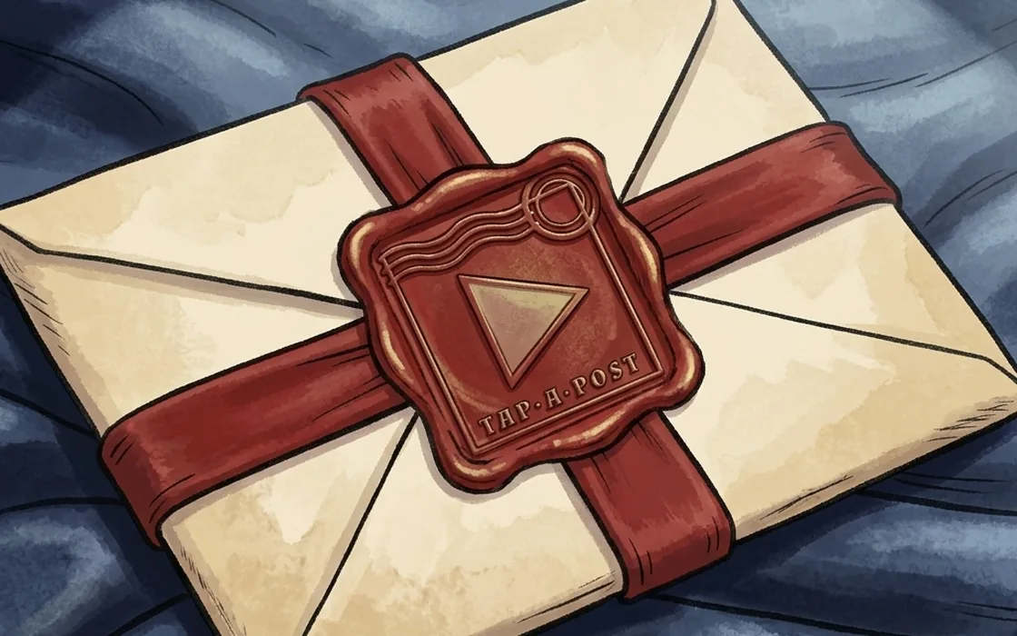 A cream envelope tied with a wide red ribbon and closed with a Tap-A-Post wax seal, resting on dark navy velvet.