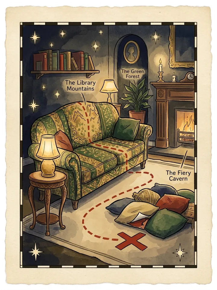 A living room drawn as a treasure map: a patterned sofa labelled The Library Mountains, a pot plant labelled The Green Forest, a lit fire labelled The Fiery Cavern, and a dashed trail running to a red X on the rug.