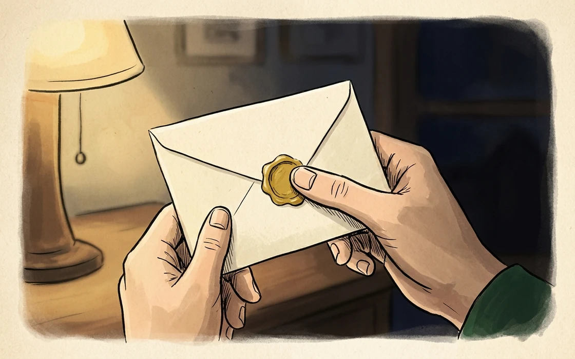 Two hands holding a cream envelope closed with a gold wax seal, a lamp burning low behind them.