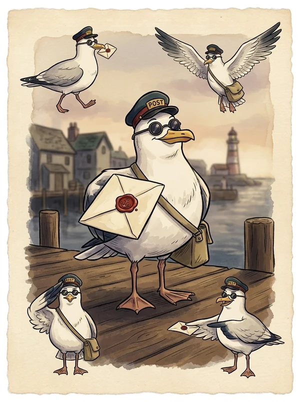 Postie the seagull on a harbour dock in a postman's cap, holding a wax-sealed envelope, four more gulls in postal caps around him.