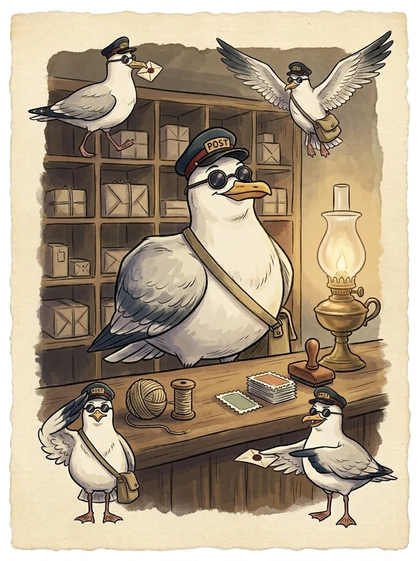 Postie behind a sorting-office counter, pigeonholes of parcels behind him, an oil lamp and a rubber stamp beside the twine.