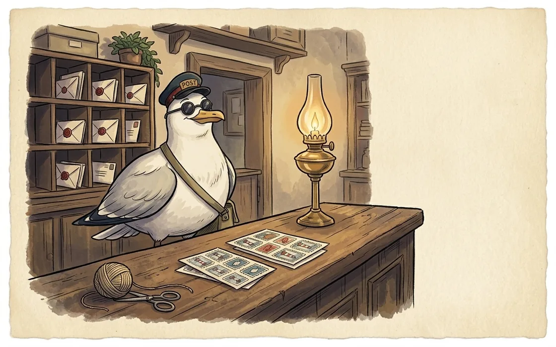 Postie the seagull in a postman's cap and dark glasses behind a wooden sorting-office counter, wax-sealed letters in the pigeonholes behind him, an oil lamp lit, sheets of stamps and a ball of twine on the counter.